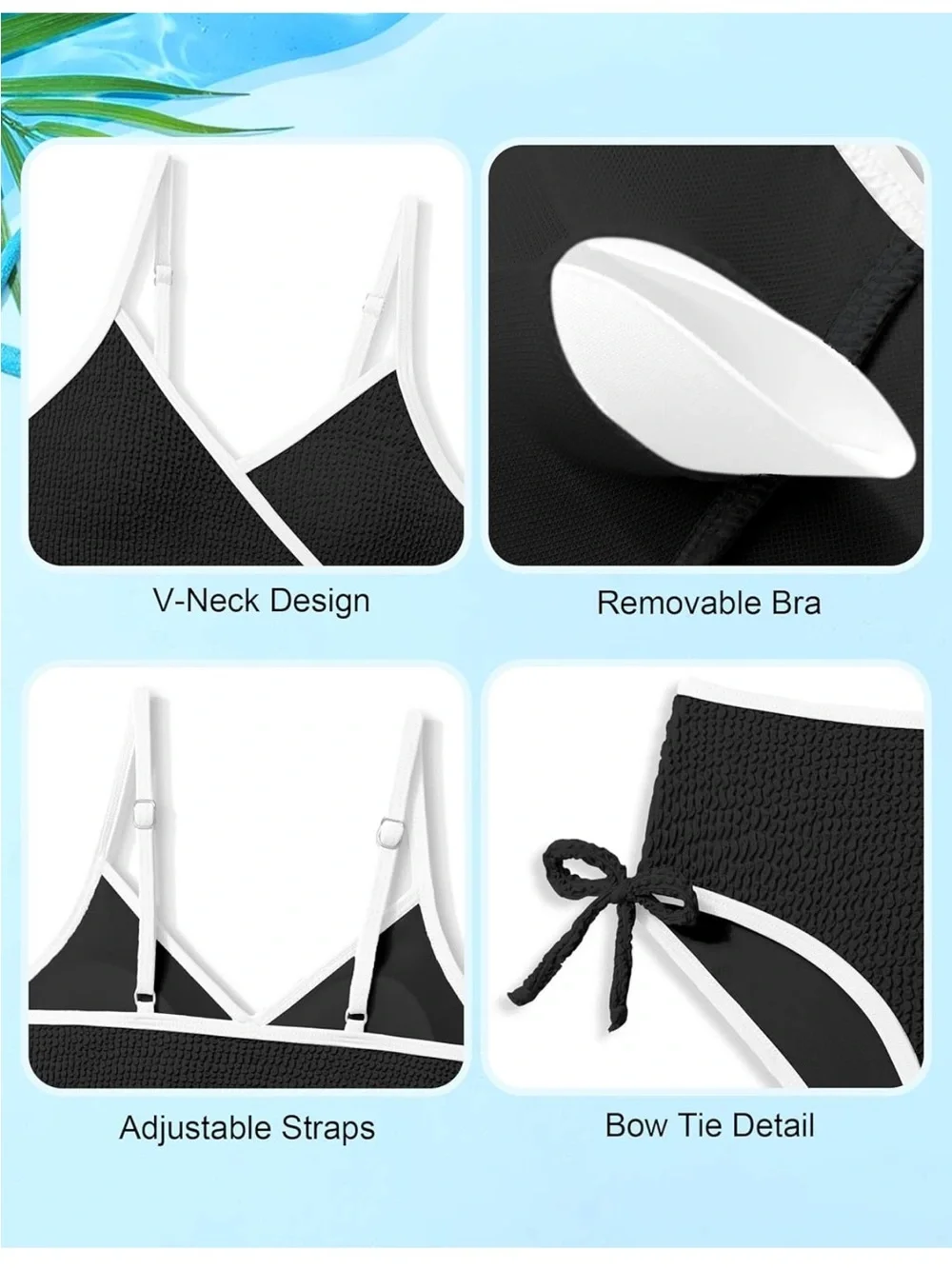 Black Bikini Set White Trim Girls Adjustable Straps Back Cutout Bow Tie nwot